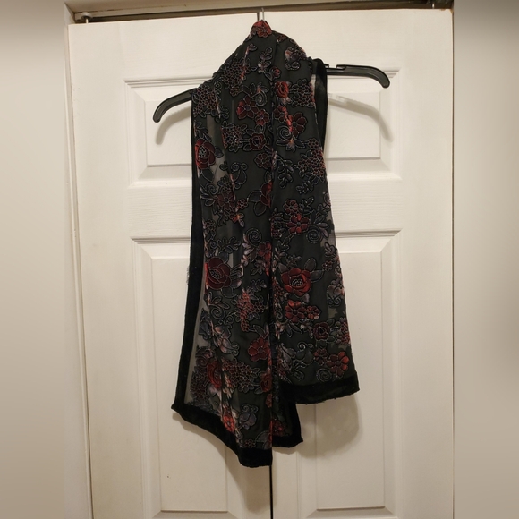 Vintage Black Red Velvet Silk Floral Scarf Wrap Sheer 60 Inch Women's - Picture 2 of 8